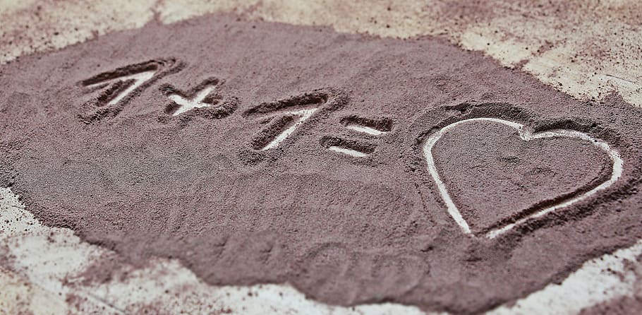 1, +, =, heart sand artwork, love, heart, 1 heart, together, background image, greeting card