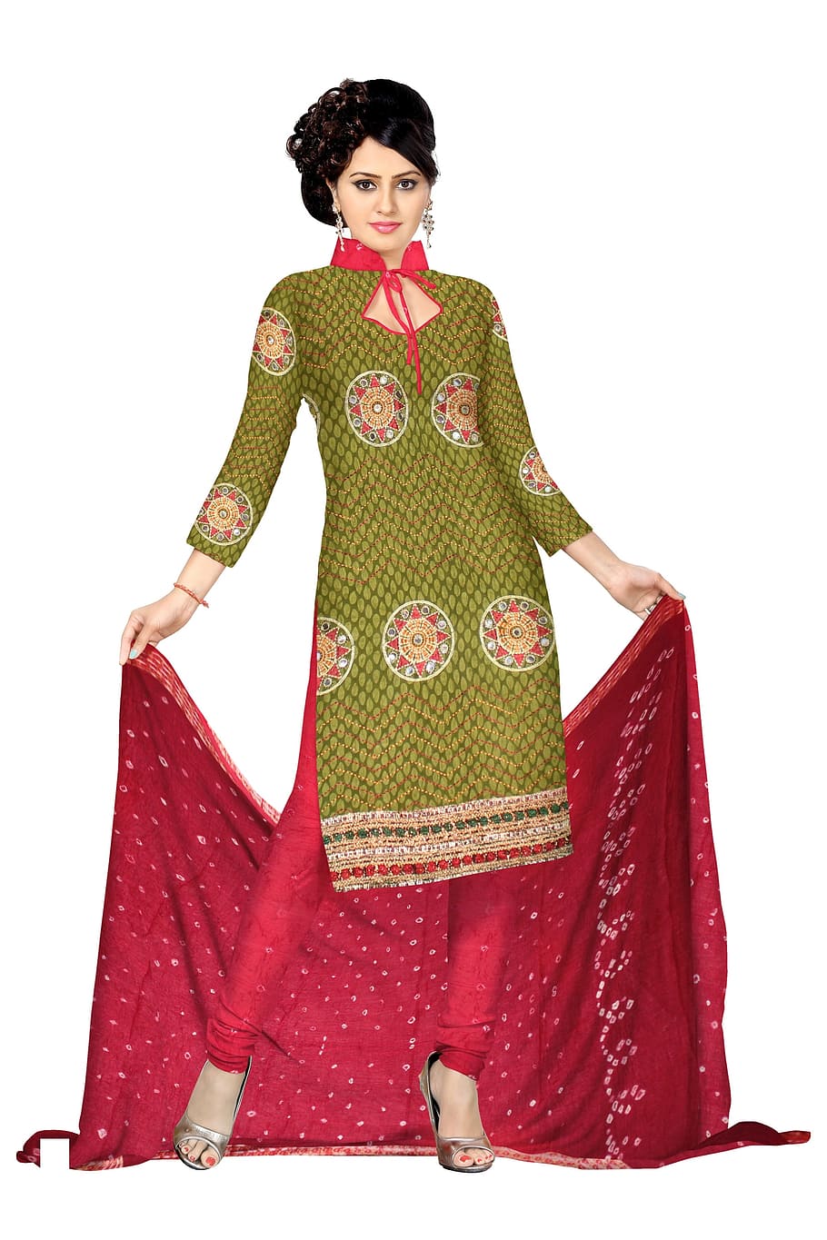 mujer, verde, rojo, vestido kameez, ropa india, moda, seda, vestido, modelo, ropa