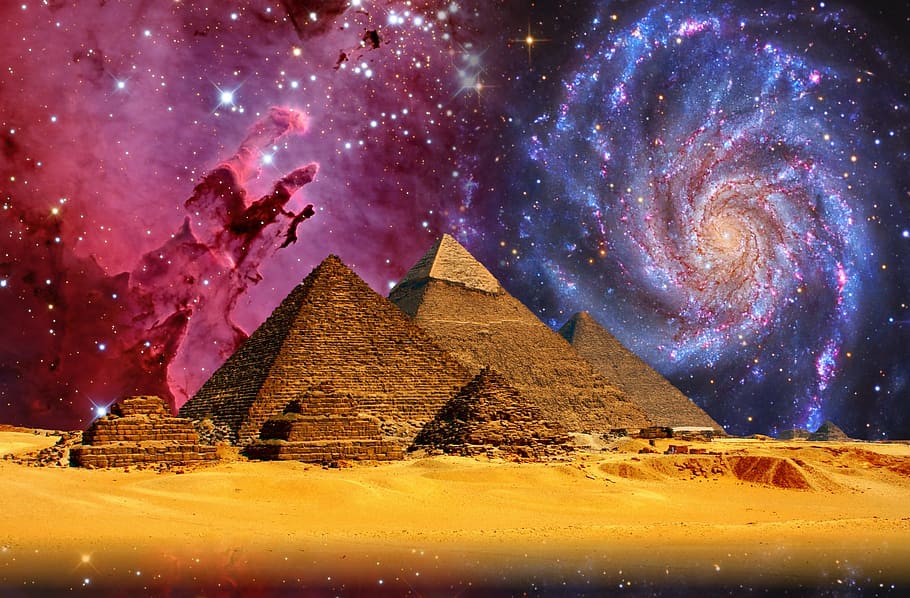 pirámide, nebulosa, galaxia andrómeda, Giza, gizeh, pirámides, keops, egipto, weltwunder, esfinge