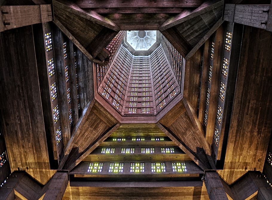 cathedral, st joseph, le havre, france, tower, inside, concrete, architecture, building, perret