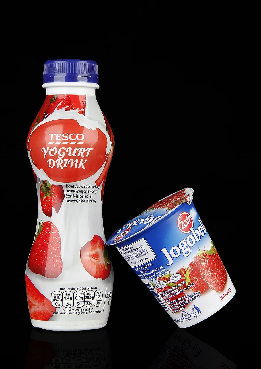 tesco yogurt drink bottle, yogurt, strawberry, composition, lighting, food, advertising, jogobella, letters, colors