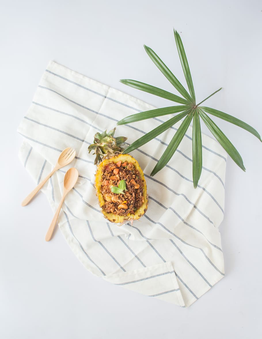 flat-lay photography, sliced, pineapple, leaf, two, spatulas, blanket, food, healthy, fresh