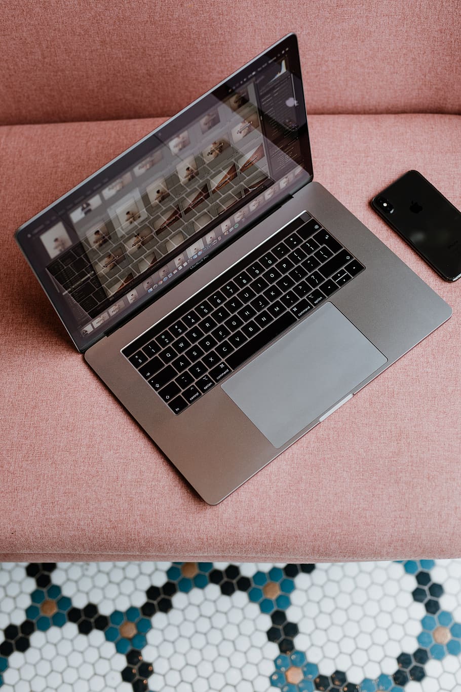 laptop, pink sofa, mobile phone, phone, macbook pro, MacBook Pro 15, iphone x, mobile, tech, technology