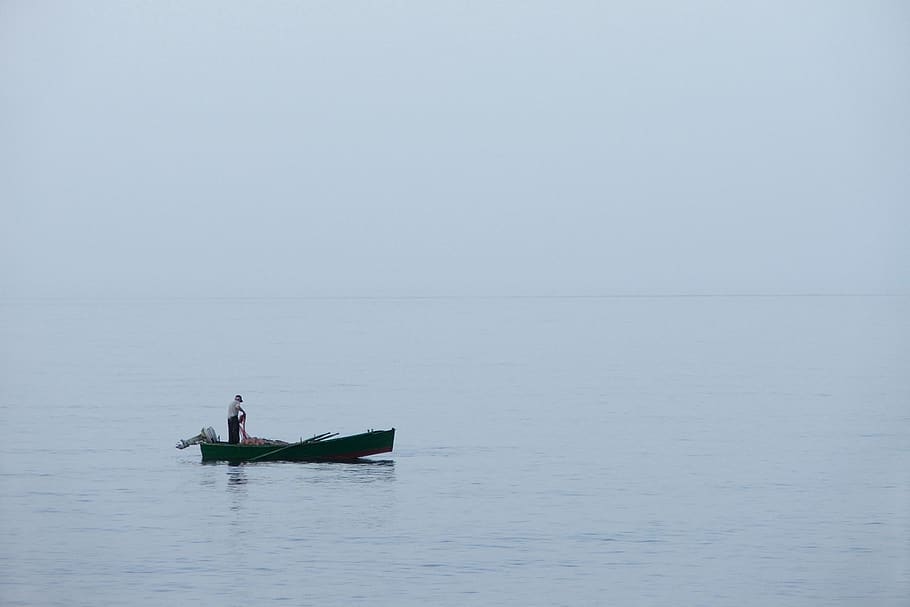 fisherman, sunrise, dusk, fishing, boat, sky, blue, sea, morning, landscape