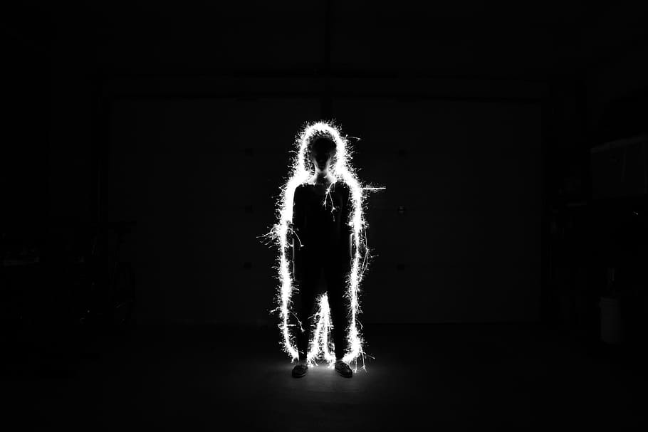 darkness, spark, guy, man, people, black and white, one person, full length, dark, standing