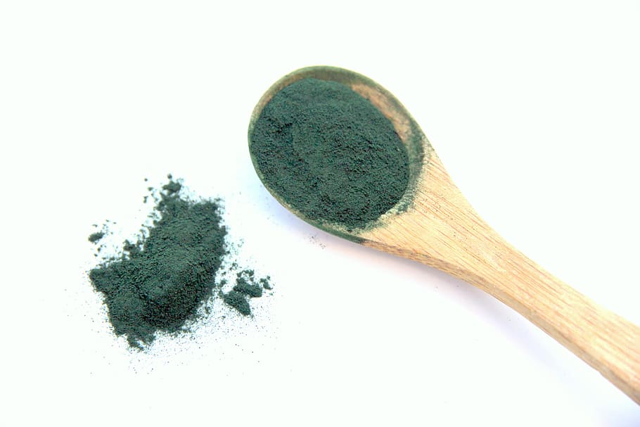green, powder, beige, wooden, spatula, Spirulina, Alga, Vegetable Proteins, detox, nutrition
