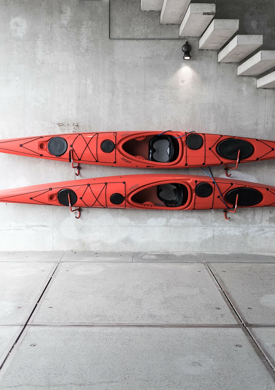 two red kayaks, architecture, building, interior, design, decor, wall, house, stair, light