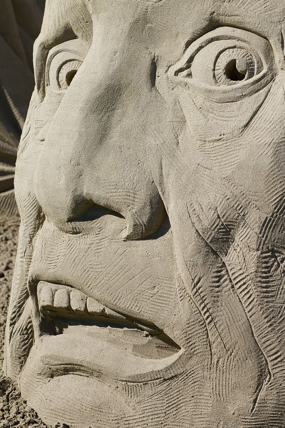 cinza, concreto, estátua do rosto, olho, nariz, boca, medo, escultura em areia, close-up, artesanato
