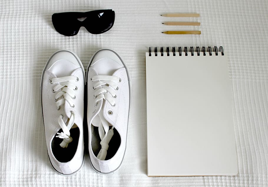 pair, white, low-top sneakers, notebook, Shoes, Pack, Holidays, Sunglasses, summer, holiday