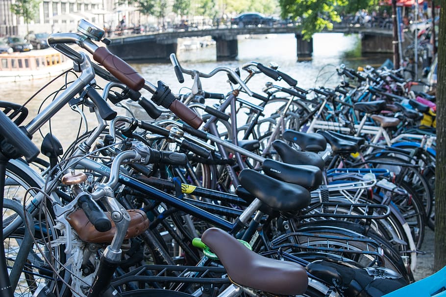Netherlands, Amsterdam, Europe, Bike, city, parking lot, bicycle, transportation, mode of transport, car