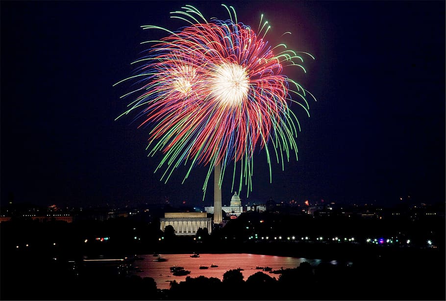 白, モスク, 花火, 独立記念日, 7月4日, ナショナルモール, ワシントンDC, 夜, お祝い, 独立