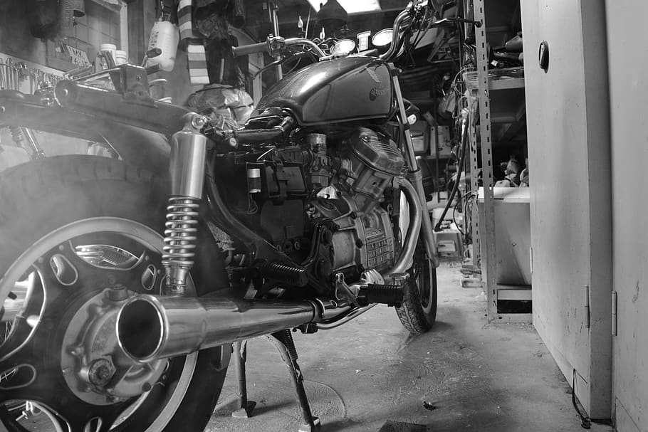 black and white, motorcycle, bike, park, door, engine, tires, machine, acceleration, gas