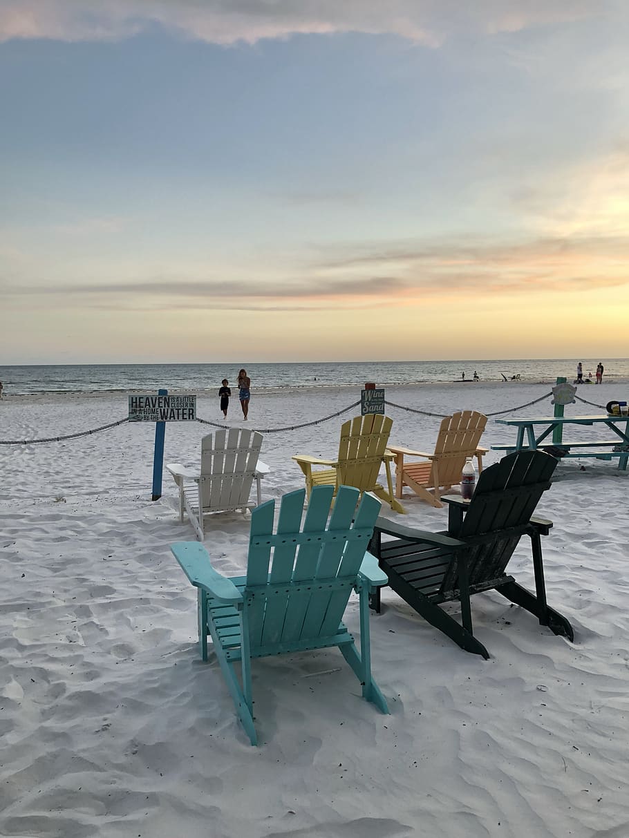 the beach, beach chairs, aircondiack chairs, fort meyers, florida, sunset, sundown, pastel, chair, sea