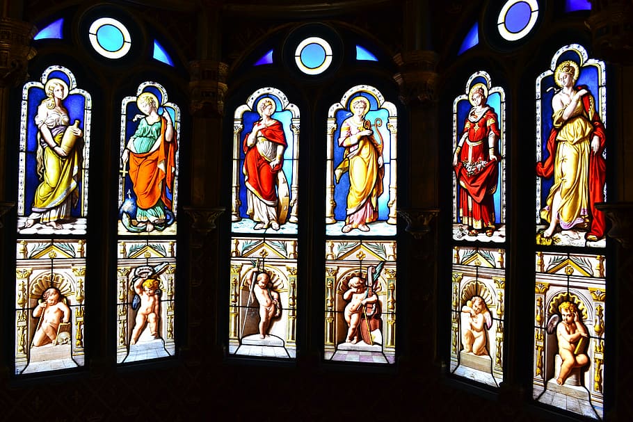 stained glass, stained glass windows, church, oratory, chapel, saints, angels, love, blois, royal castle