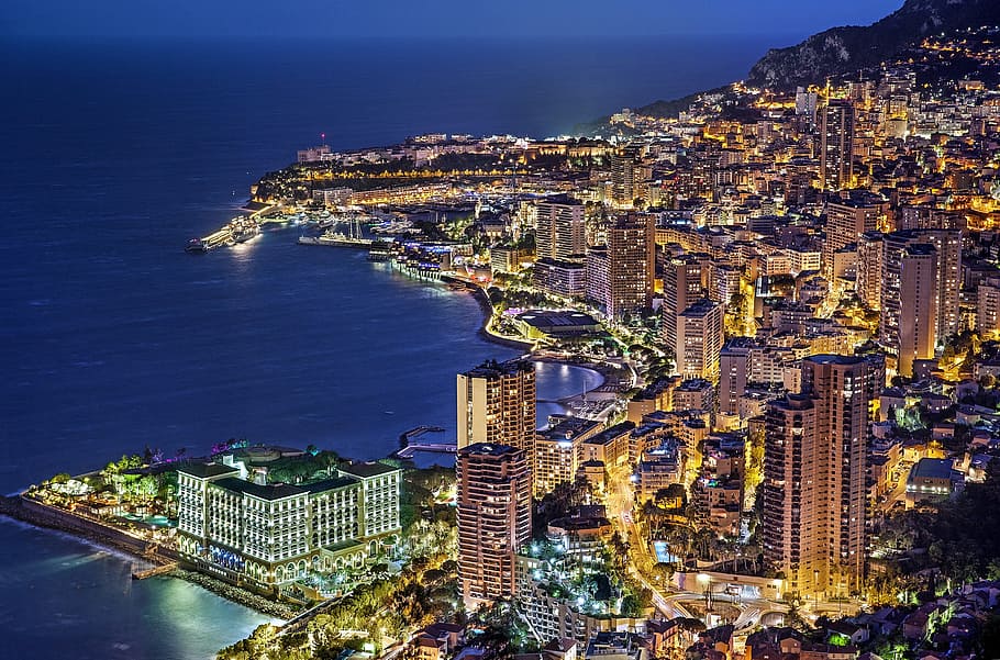都市の建物, 体, 水, モナコ, モンテカルロ, フランス, 夜, 青の時間, 照らされた, 豪華な