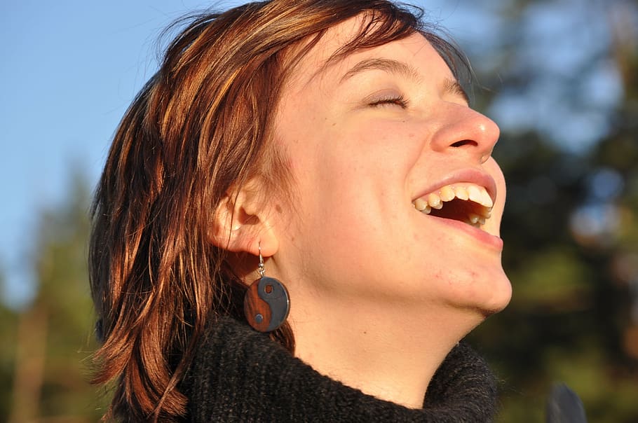 woman, black, sweater, laughing, eyes, close, laughter, sunset, fun, happiness