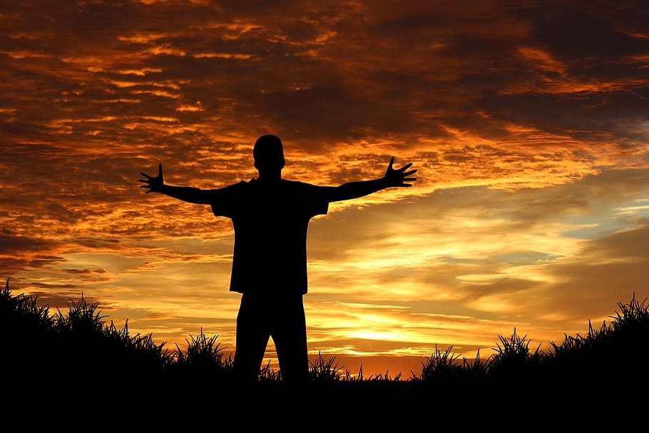 silhouette photo, man, wearing, t-shirt, person, human, joy, sunrise, sunset, sun