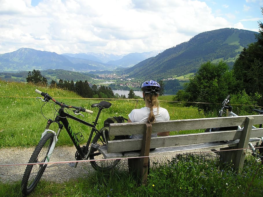 woman, white, top, sitting, bench, bicycle, break, rest, view, bank