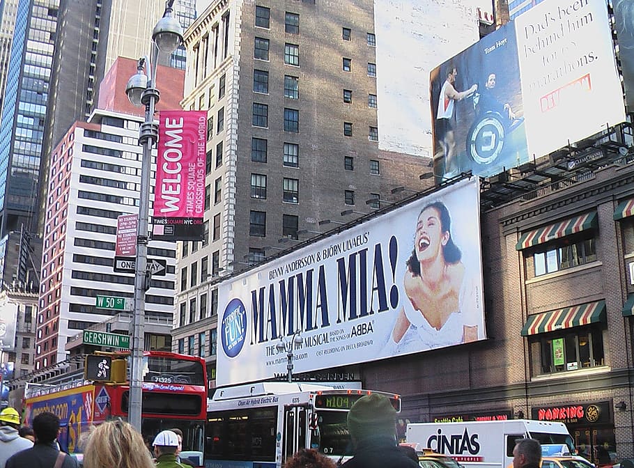 mamma mia! signboard, usa, new york city, nyc, broadway, time square, building exterior, architecture, built structure, city