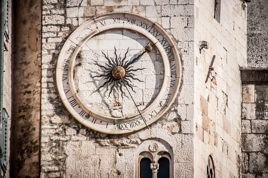 gray, wooden, analog clock, mounted, white, surface, clock tower, clock, 24 hour clock, sibenik