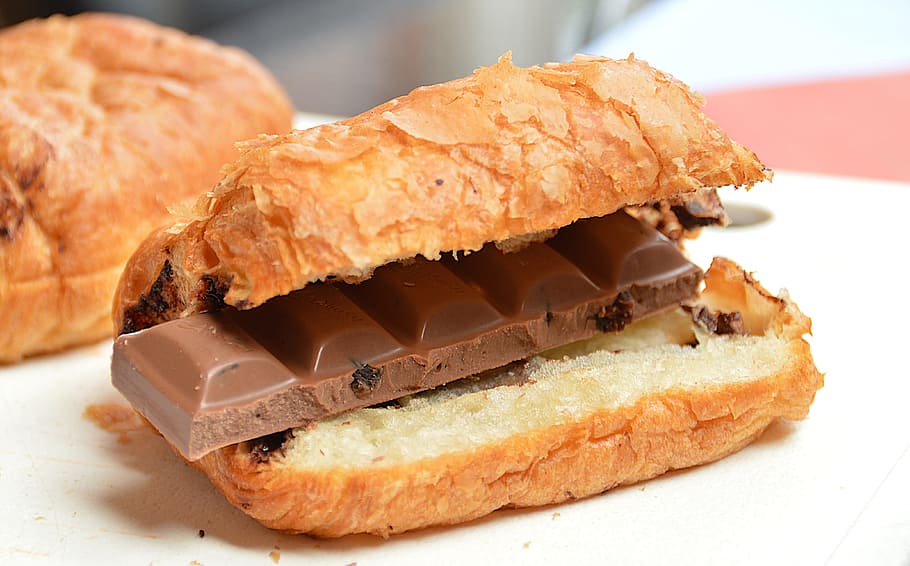 bread, chocolate bar, filling, croissant, chocolate, breakfast, healthy, fruit and nut, pain au chocolate, goodness