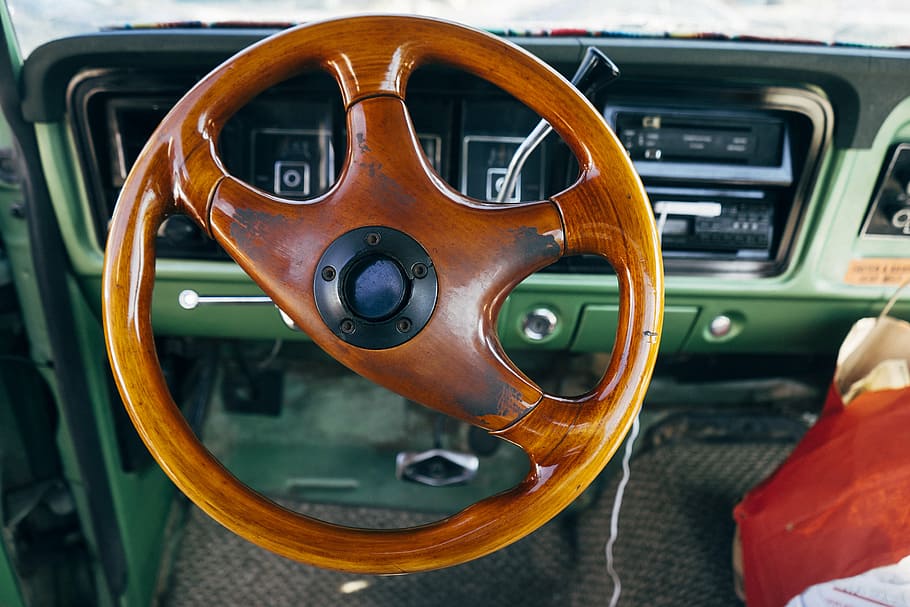 brown, steering wheel, inside, vehicle, black, car, steering, wheel, wood grain, vintage