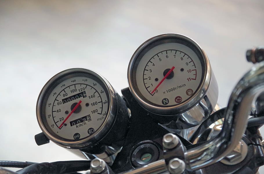 silver motorcycle speedometer, speedometer, motorcycle, display instrument, tachometer, odometer, temperature, petrol, gauge, instrument of measurement