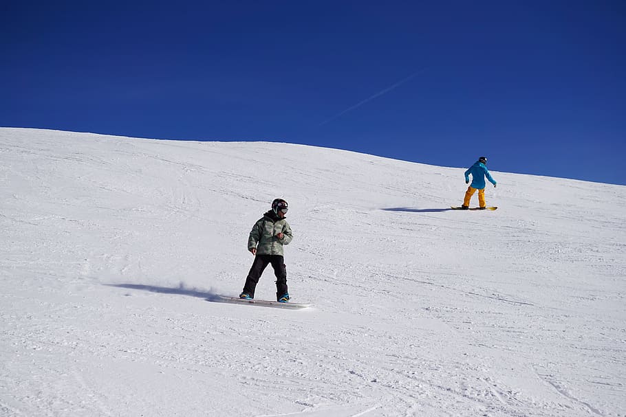 dua, snowboarding anak, gunung, Snowboard, Musim Dingin, Salju, Olahraga, di luar ruangan, alam, orang-orang