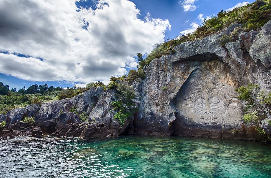 stone wood, carving, daytime, new zealand, mural, maori, rock, water, sea, relief