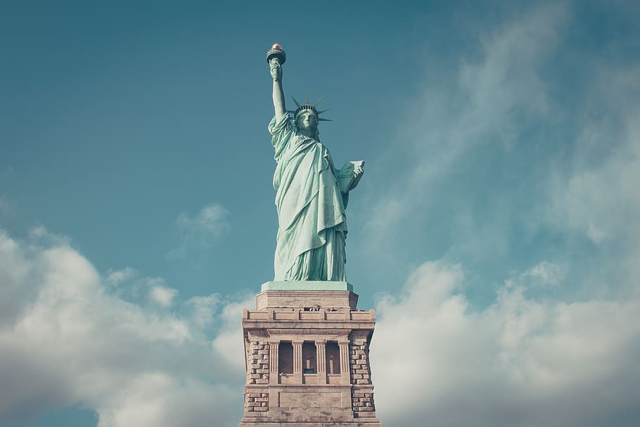 Estátua da Liberdade, arquitetura, Nova York, dom, azul, céu, nuvens, escultura, representação humana, estátua