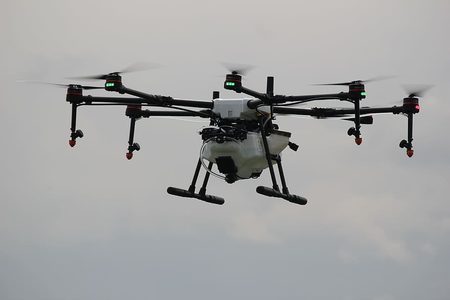 flying, white, black, drone, clouded, sky, technology, drone farm, aircraft, agriculture