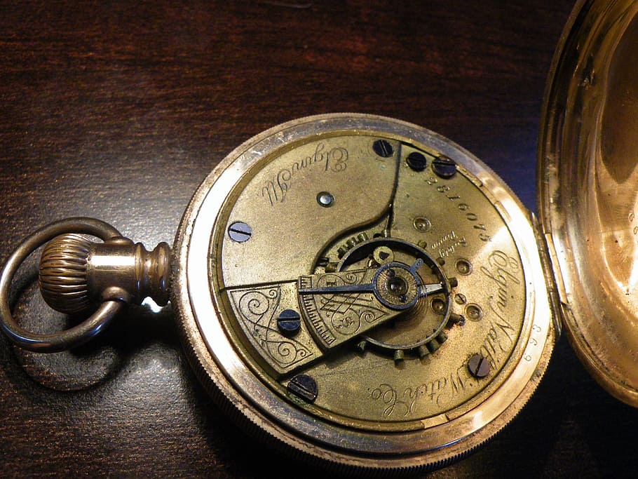 bolso de ouro, relógio, marrom, mesa, ouro, relógio de bolso, antiq, velho, antiga, metálico