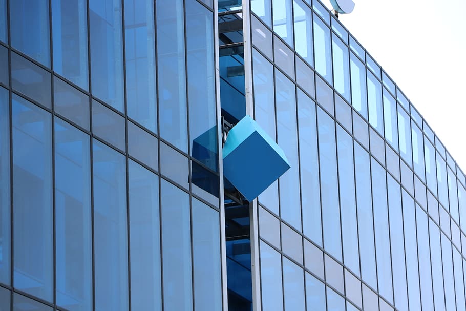 Cube, Blue, House, House, Office Building, blue, house, building, building ornaments, architecture, glass, glass - Material