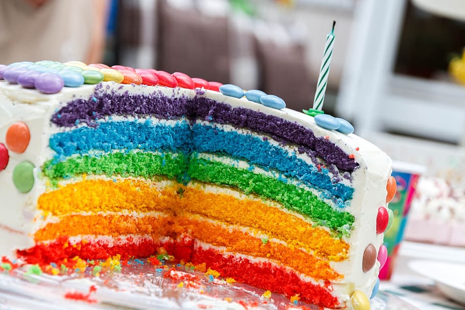 rainbow cake, white, icing, birthday, cake, sweet, celebration, birthday cake, candles, children's birthday