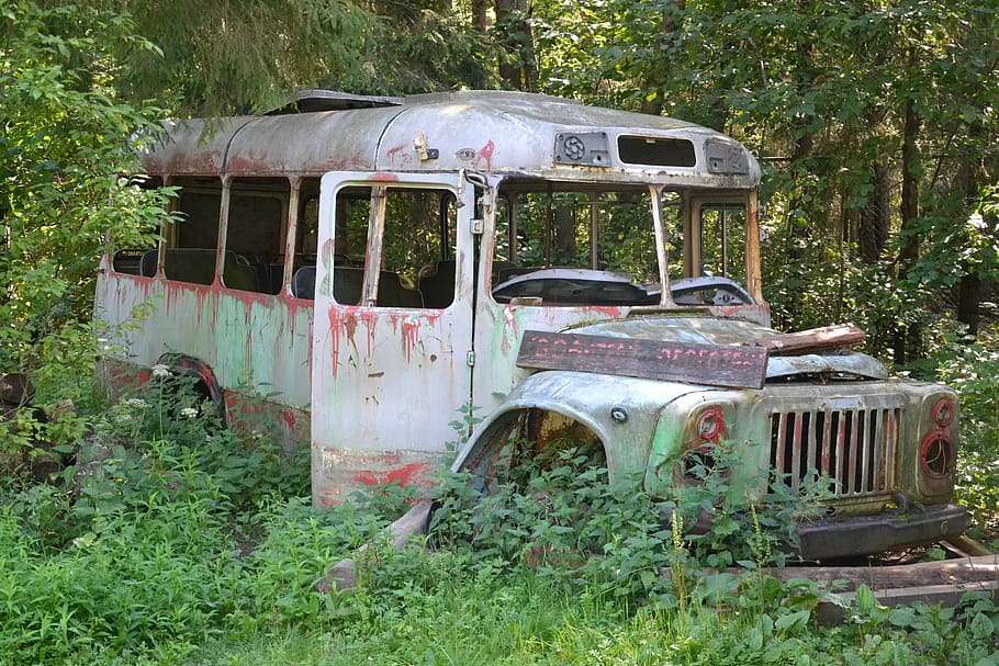 Abandoned, Bus, Old, the abandoned, rusty, transport, forest, russia, nature, trees