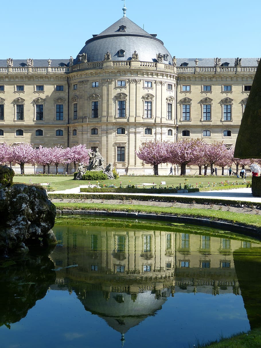 würzburg, baviera, francos suíços, historicamente, construção, castelo, palácio, residência, património mundial, flor de cerejeira