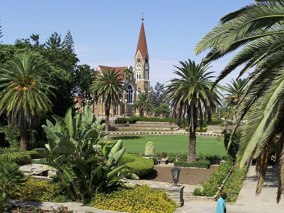 namibia, africa, sky, building, palms, palm trees, nature, outside, church, grass