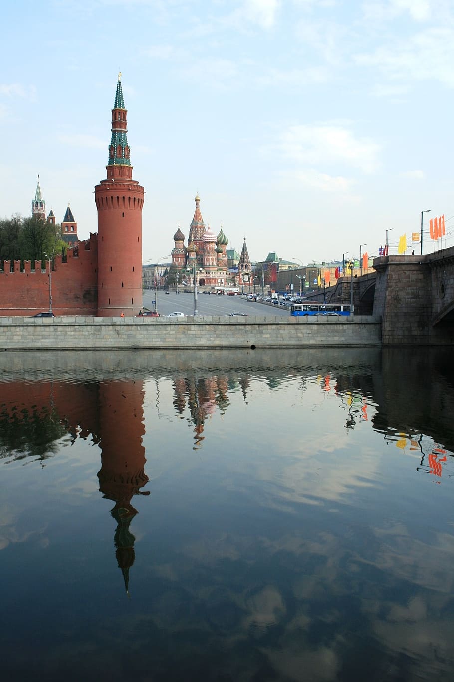 river, moscow, russia, water, blue sky, day time, historic, city centre, reflection, kremlin wall