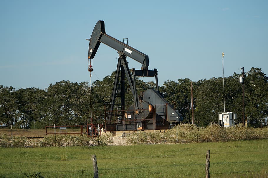 industry, outdoors, sky, oil well, petroleum, field, green, plant, oil pump, fuel and power generation