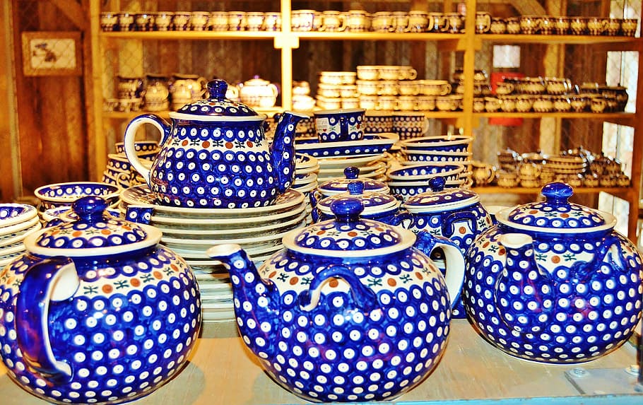 porcelain, coffee jugs, bunzlauer porcelain, tableware, new, pattern, blue, art and craft, ceramics, still life