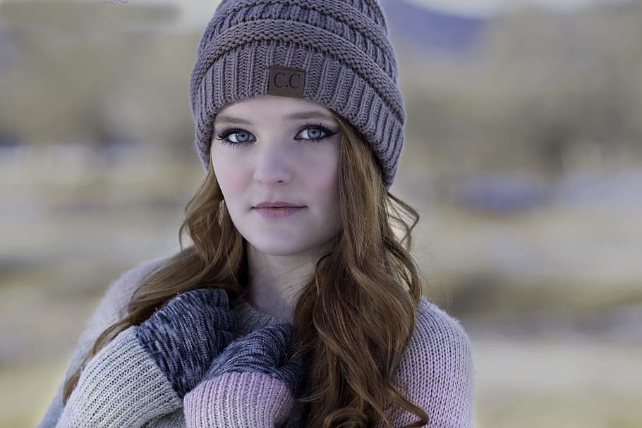 woman, wears, brown, knitted, hat, girl, beautiful, winter, redhead, snow