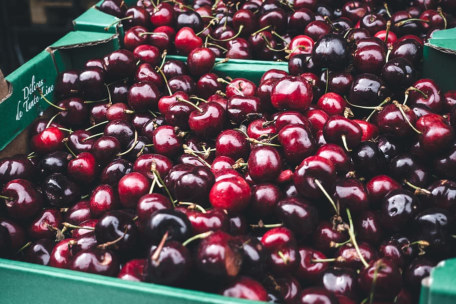 cerejas, vermelho, escuro, frutas, comida, saudável, caixa, mercado, comida e bebida, alimentação saudável