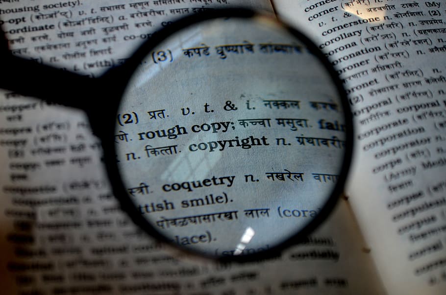 magnifying displaying copyright, copyright, magnifier, magnifying glass, loupe, book, dictionary, lookup, search, reading