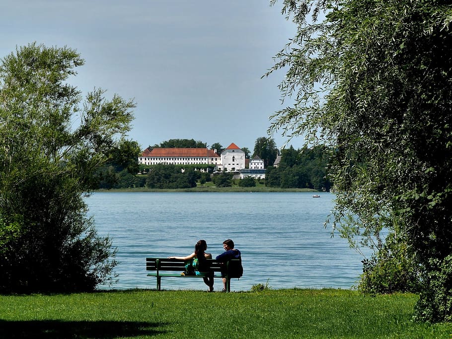 árbol, lago, verano, naturaleza, aguas, Chiemsee, Herrenchiemsee, Ladies Island, Chiemgau, Baviera