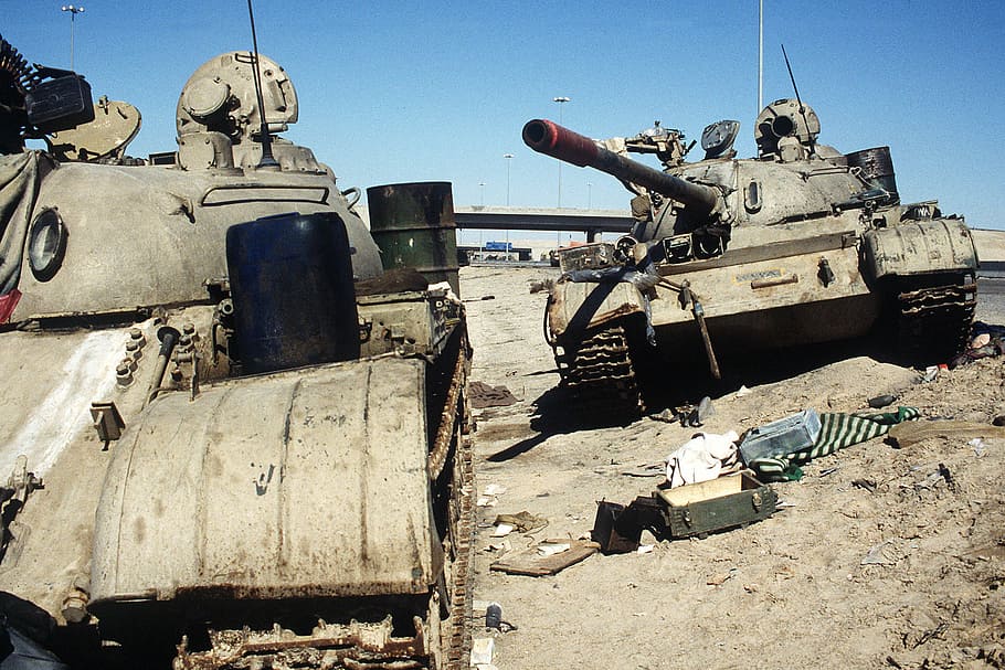 two, iraqi tanks, lie, abandoned, Iraqi, tanks, Kuwait City, Gulf War, armor, armored warfare