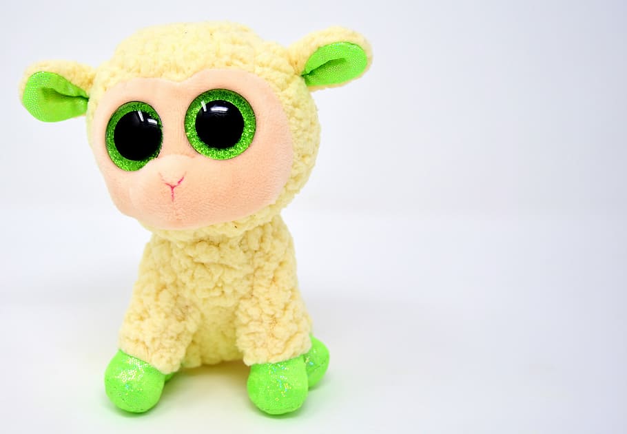 amarelo, verde, ty, gorro, vaias, ovelha, brinquedo, olhos brilhantes, bicho de pelúcia, fofo