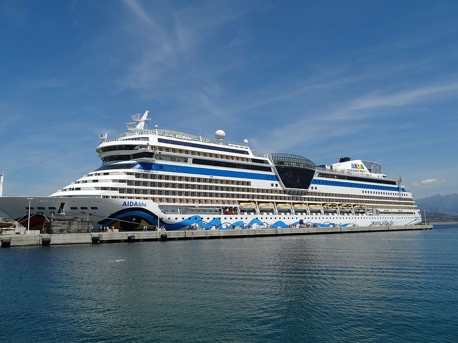 white, blue, cruise shio, aida, ship, cruise, holiday, port, water, sea