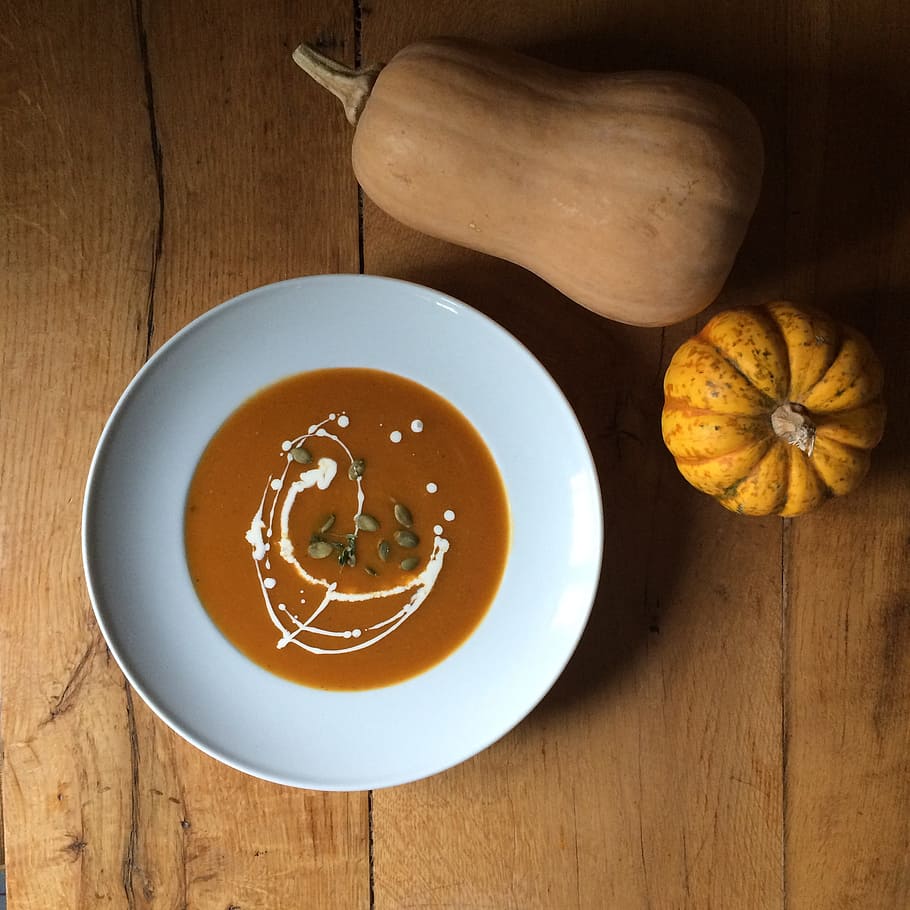 pumpkin soup, food, orange, food and drink, wood - material, freshness, table, directly above, healthy eating, wellbeing