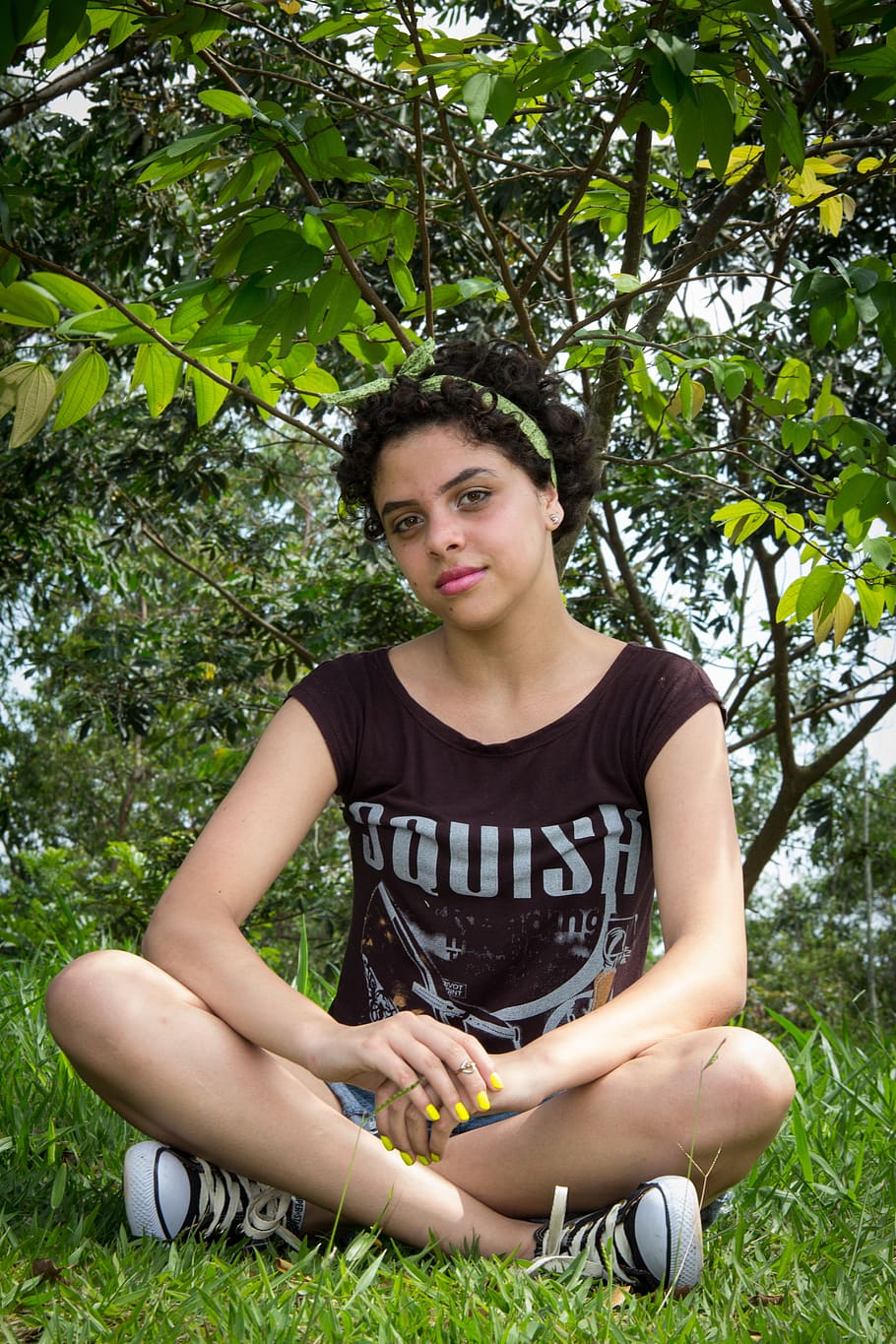 teenager, nature, sitting, girl, outdoors, green background, plant, looking at camera, one person, tree - Pxfuel