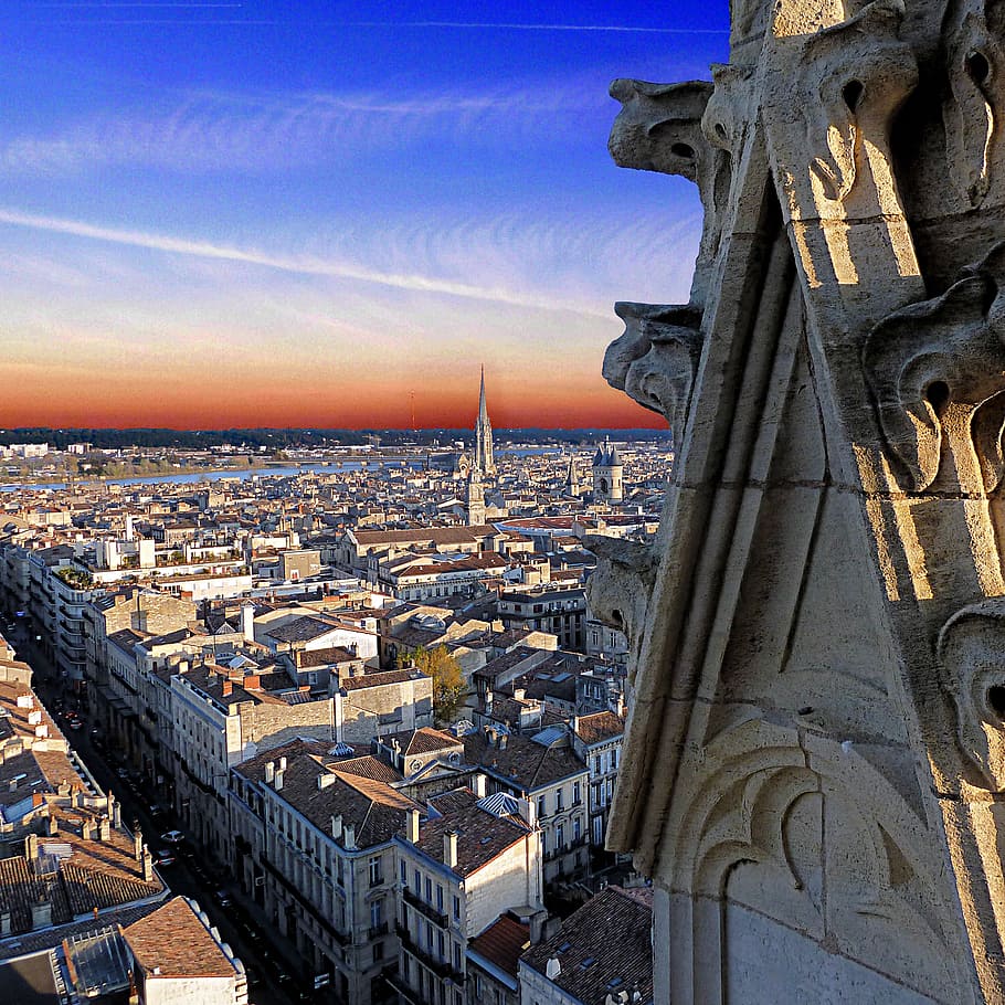 Bordeaux, la Tour, Pey Berland, aerial, photography, city, cloudy, sky, architecture, building exterior